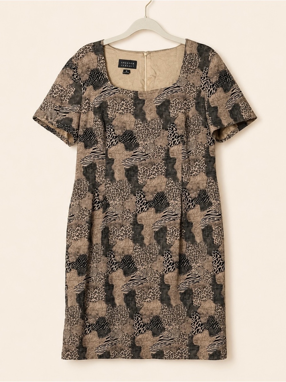 Vintage Spenser Jeremy 100% Silk Animal Print Patchwork Sheath Dress Size 16 - Picture 2 of 9